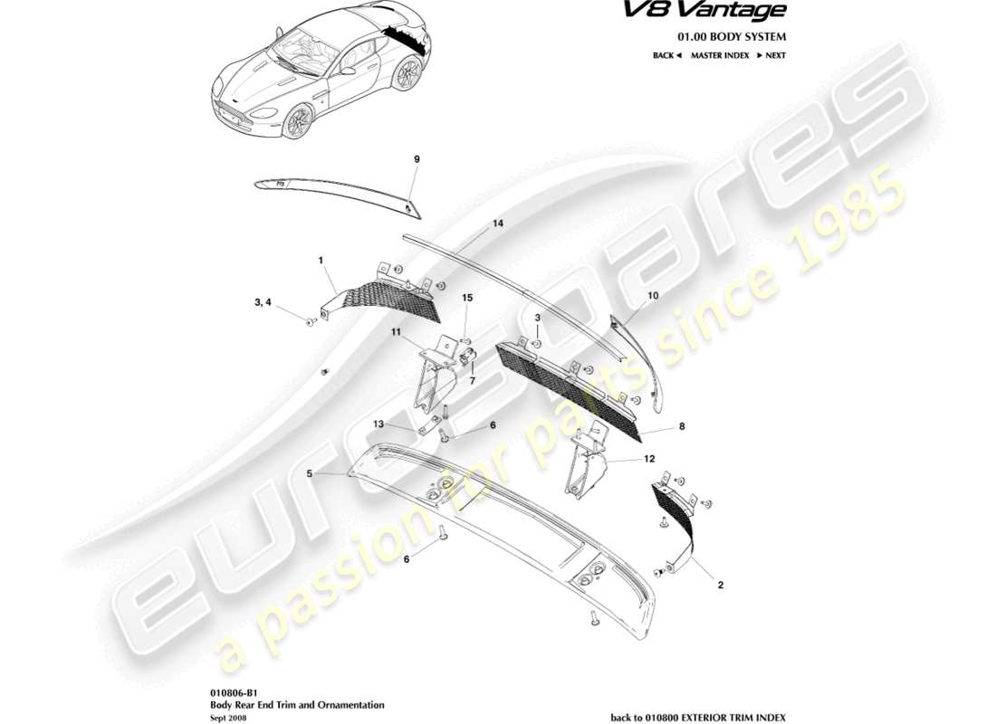aston martin v8 vantage (2018) diagrama de piezas de moldura del extremo trasero de la carrocería
