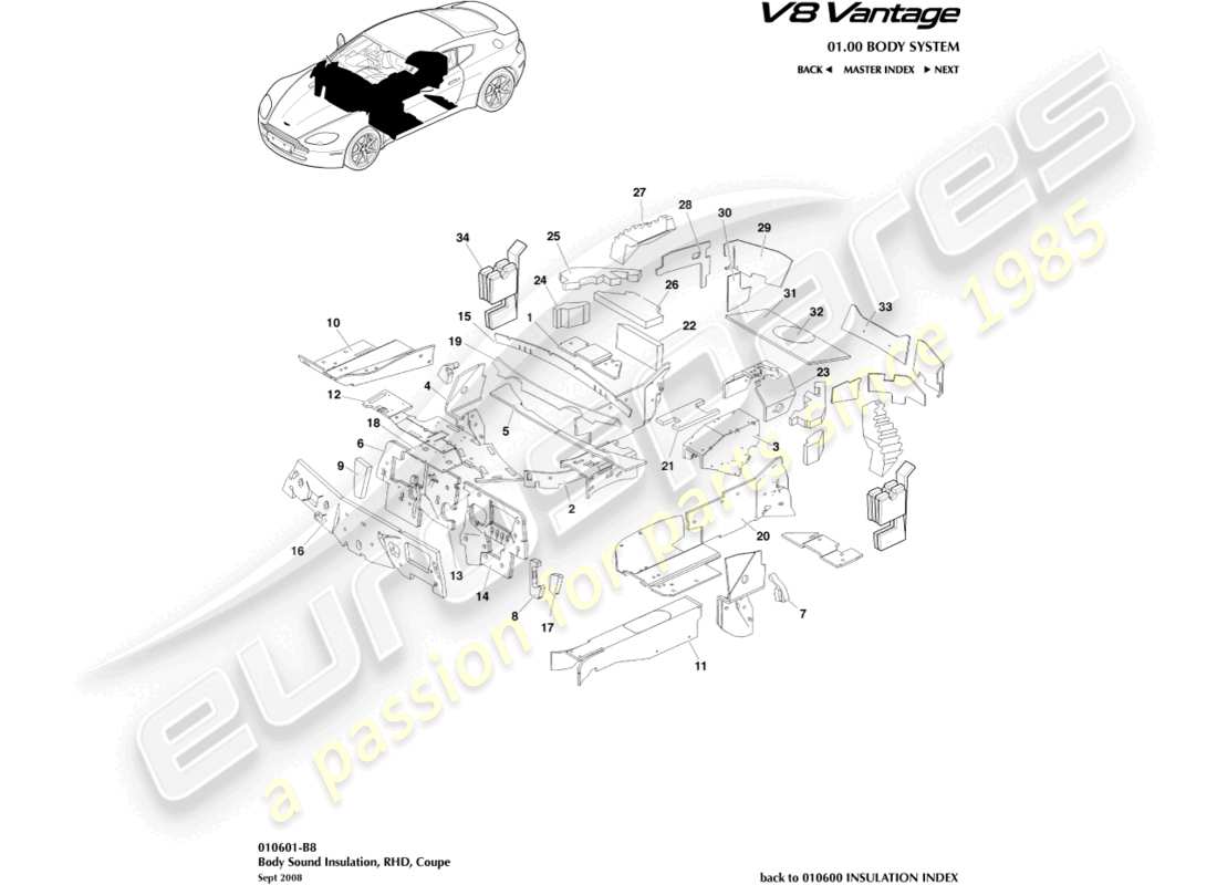 aston martin v8 vantage (2018) aislamiento de la carrocería, diagrama de piezas rhd