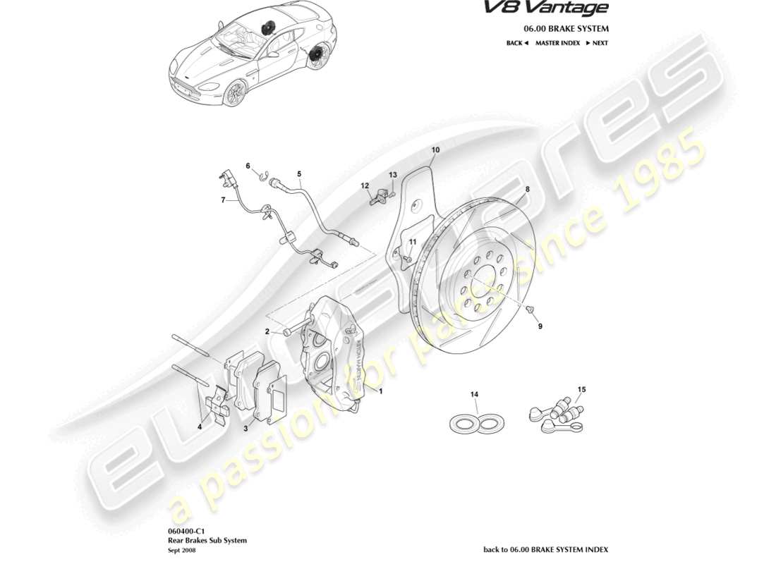 aston martin v8 vantage (2018) diagrama de piezas del sistema de freno trasero