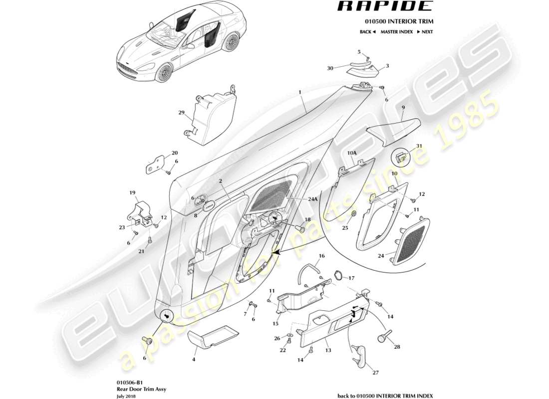 aston martin rapide (2012) panel de ajuste de la puerta trasera diagrama de piezas