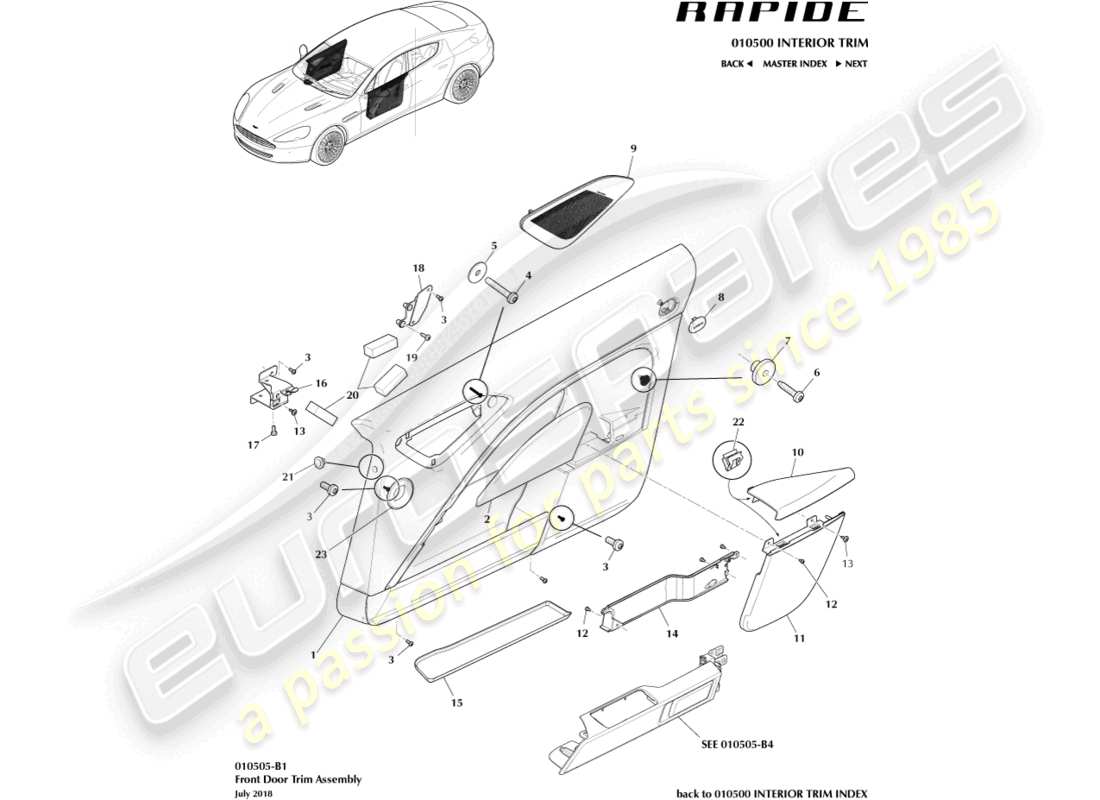 aston martin rapide (2013) panel de ajuste de la puerta delantera diagrama de piezas