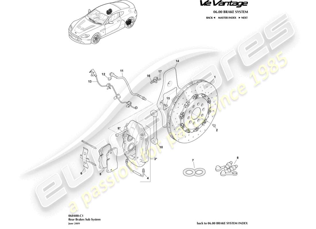 aston martin v12 vantage (2012) diagrama de piezas del sistema de freno trasero
