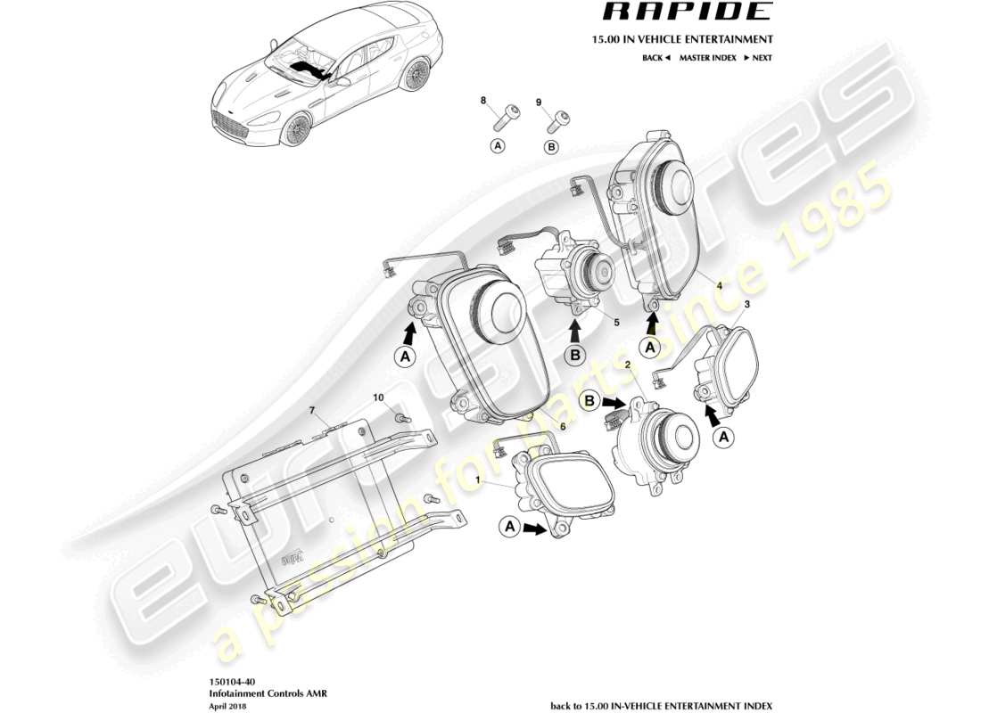 aston martin rapide (2010) controles de infoentretenimiento, amr diagrama de piezas
