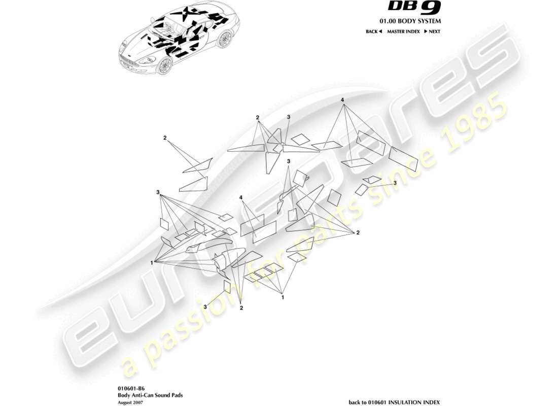 aston martin db9 (2006) diagrama de piezas de las almohadillas de sonido anti-can