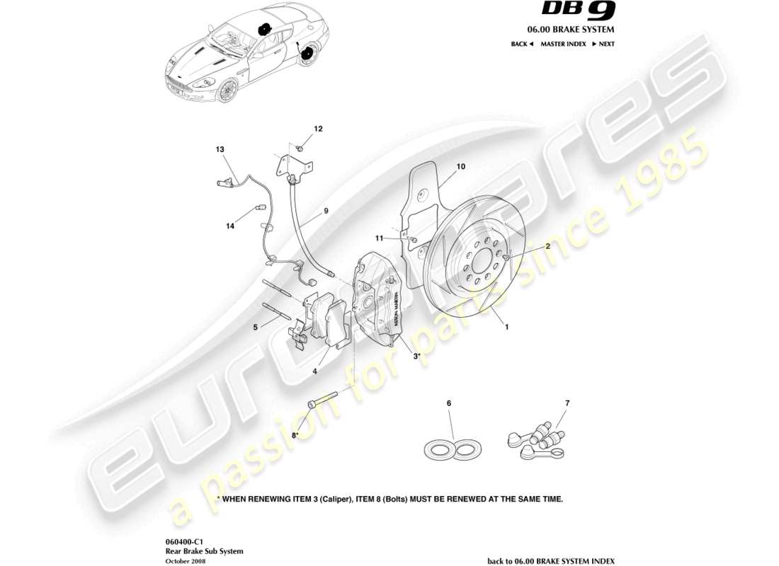 aston martin db9 (2008) diagrama de piezas del sistema de freno trasero