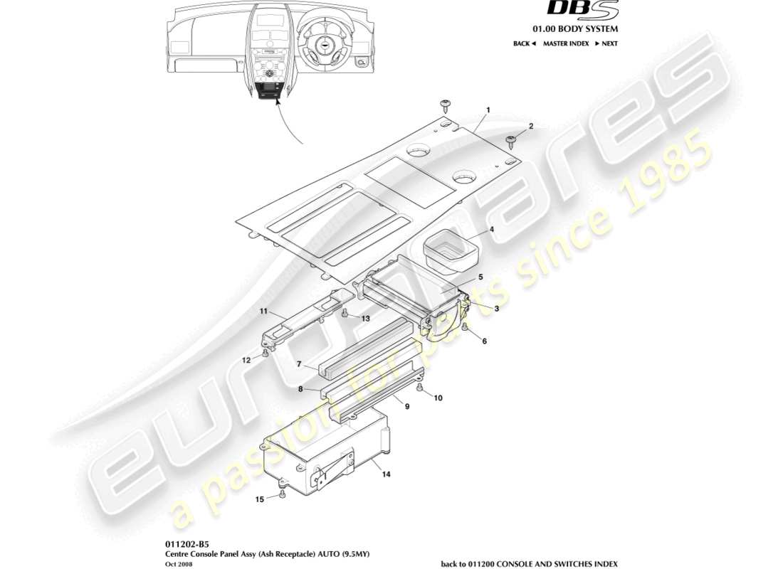 aston martin dbs (2011) consola central, automática diagrama de piezas