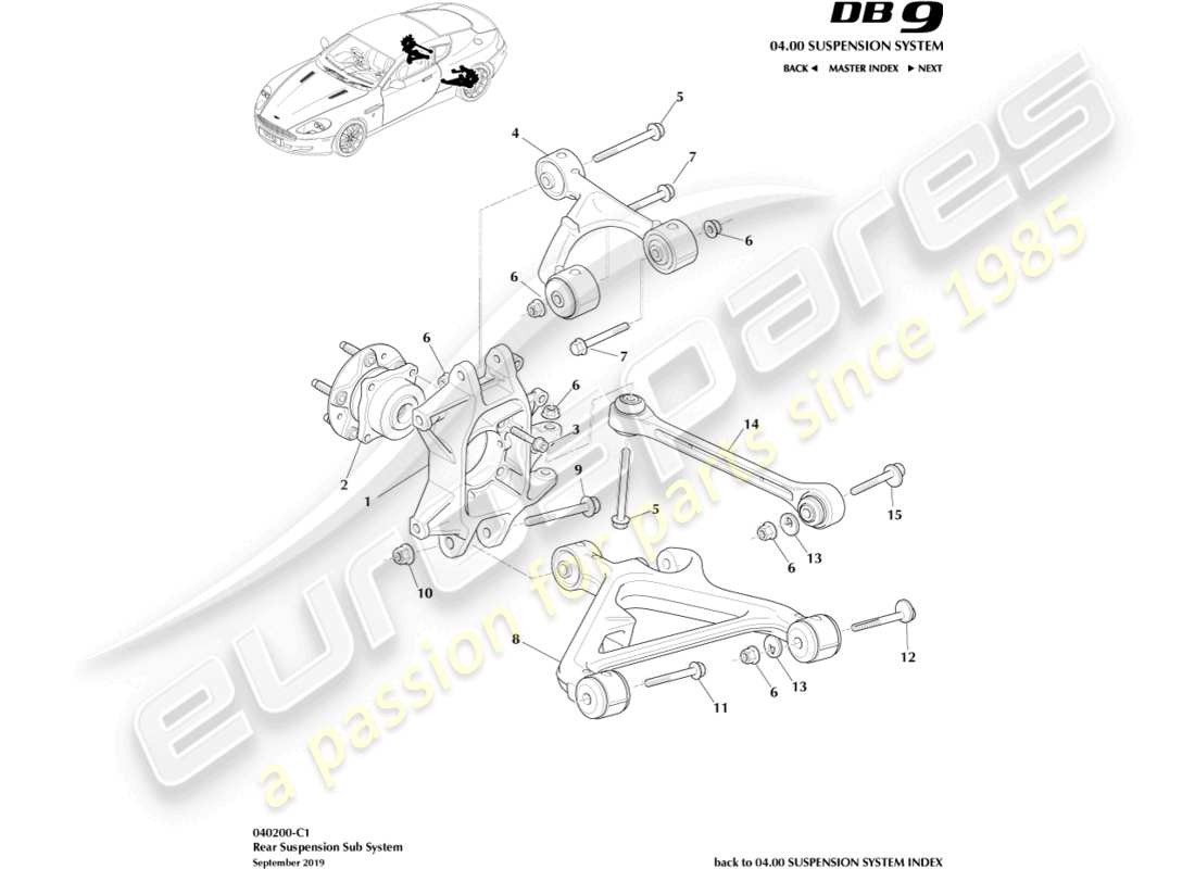 aston martin db9 (2010) diagrama de piezas del conjunto de suspensión trasera