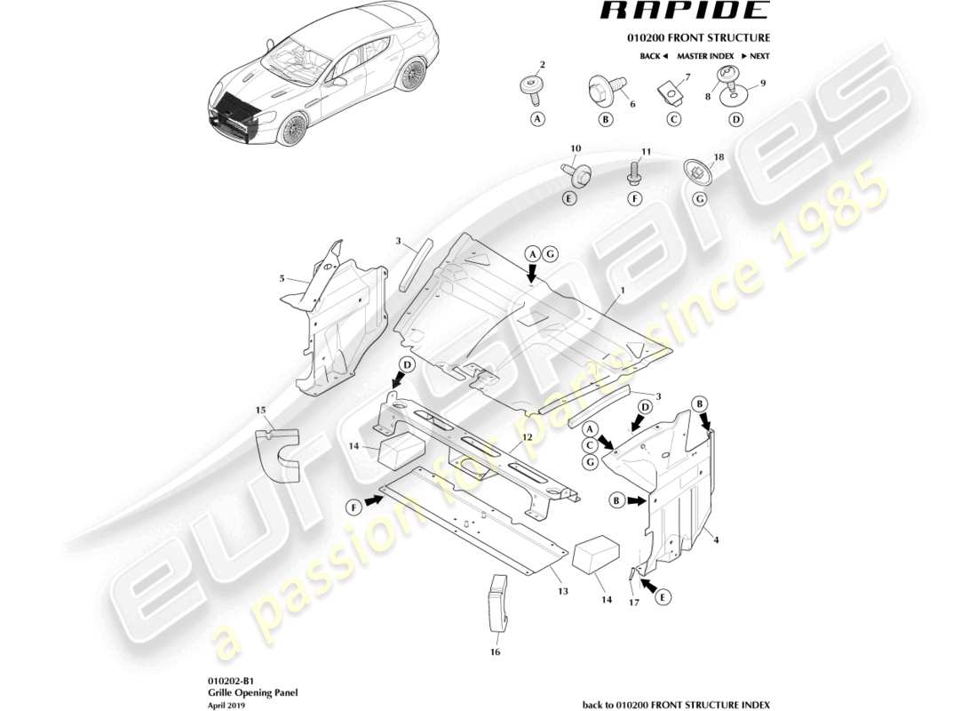 aston martin rapide (2014) diagrama de piezas del panel de apertura de la rejilla