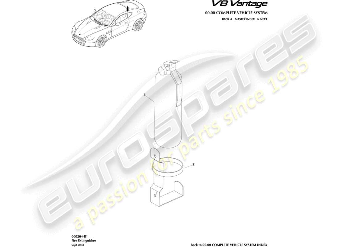 aston martin v8 vantage (2012) diagrama de piezas del extintor de incendios