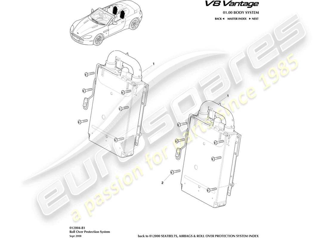 aston martin v8 vantage (2012) instalación de rops, diagrama de piezas del roadster