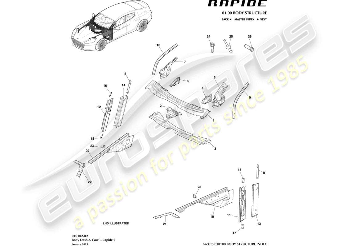 aston martin rapide (2012) diagrama de piezas del tablero y capó del cuerpo, s