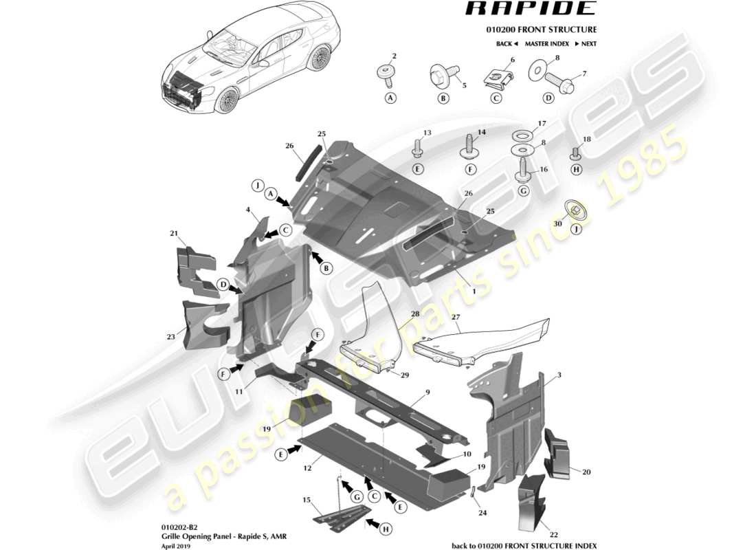 aston martin rapide (2012) panel de apertura de rejilla, s diagrama de piezas