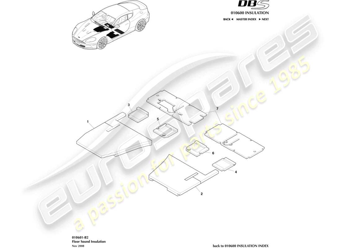 aston martin dbs (2013) diagrama de piezas de aislamiento acústico del suelo