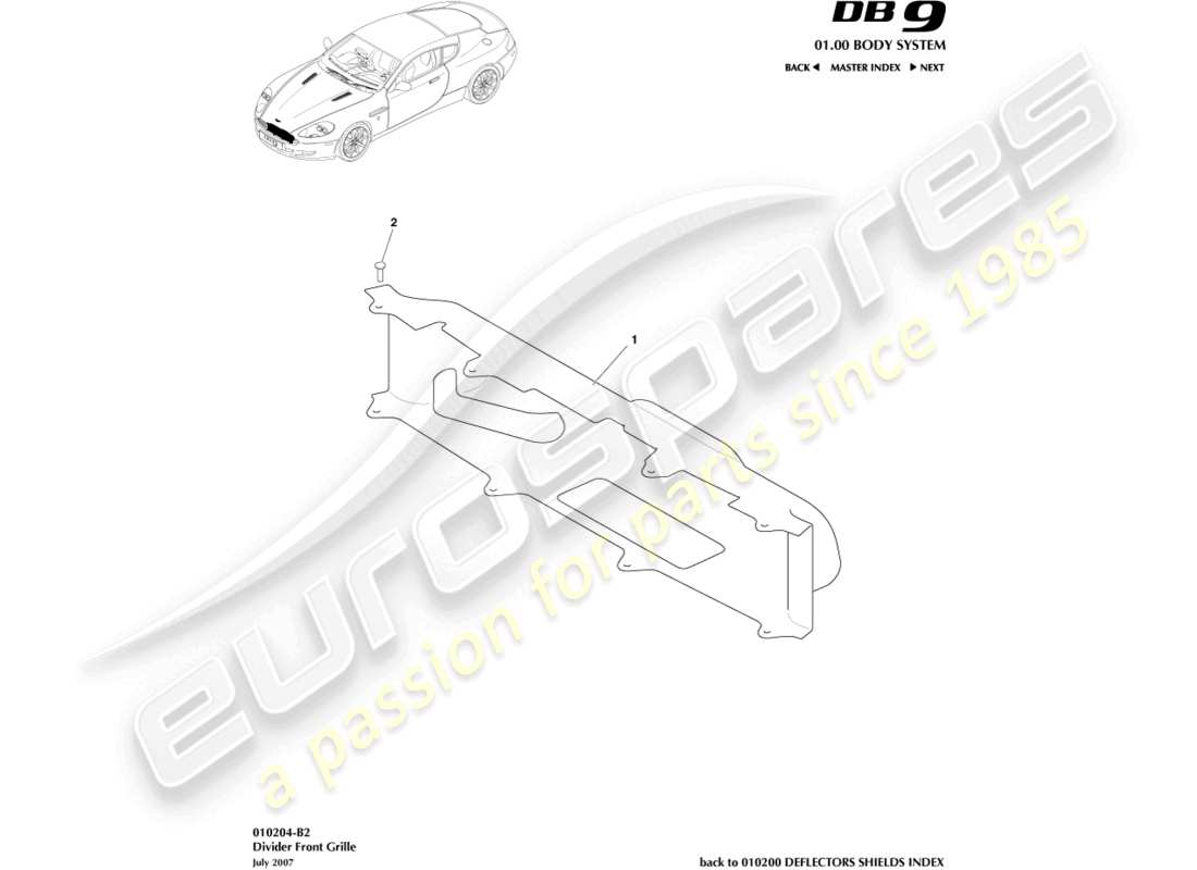 aston martin db9 (2008) diagrama de piezas del divisor y la parrilla delantera