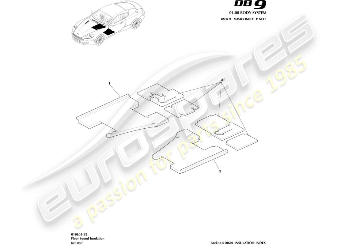 aston martin db9 (2006) diagrama de piezas de aislamiento acústico del suelo