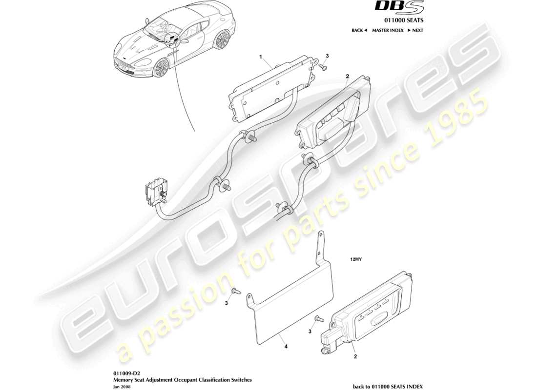 aston martin dbs (2013) diagrama de piezas de ajuste del asiento delantero