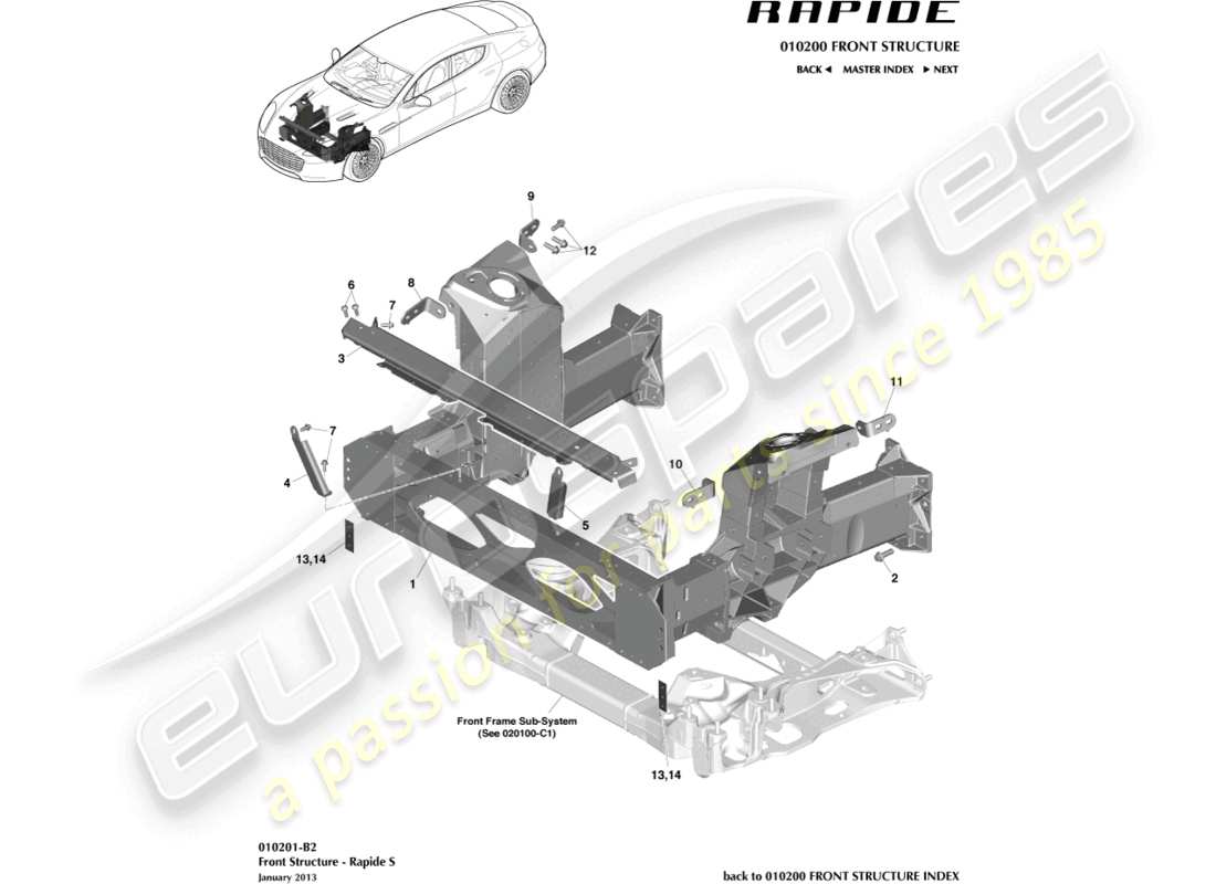 aston martin rapide (2013) estructura frontal, diagrama de piezas s