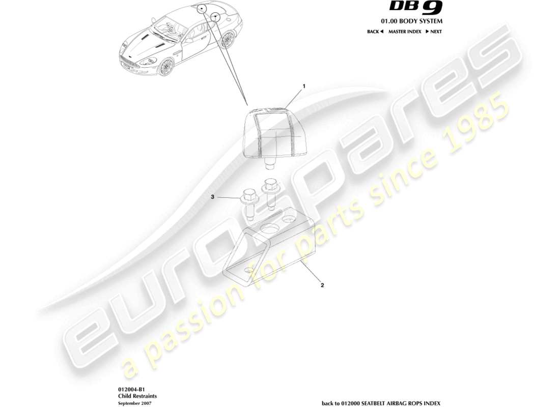 aston martin db9 (2009) sistemas de retención infantil diagrama de piezas