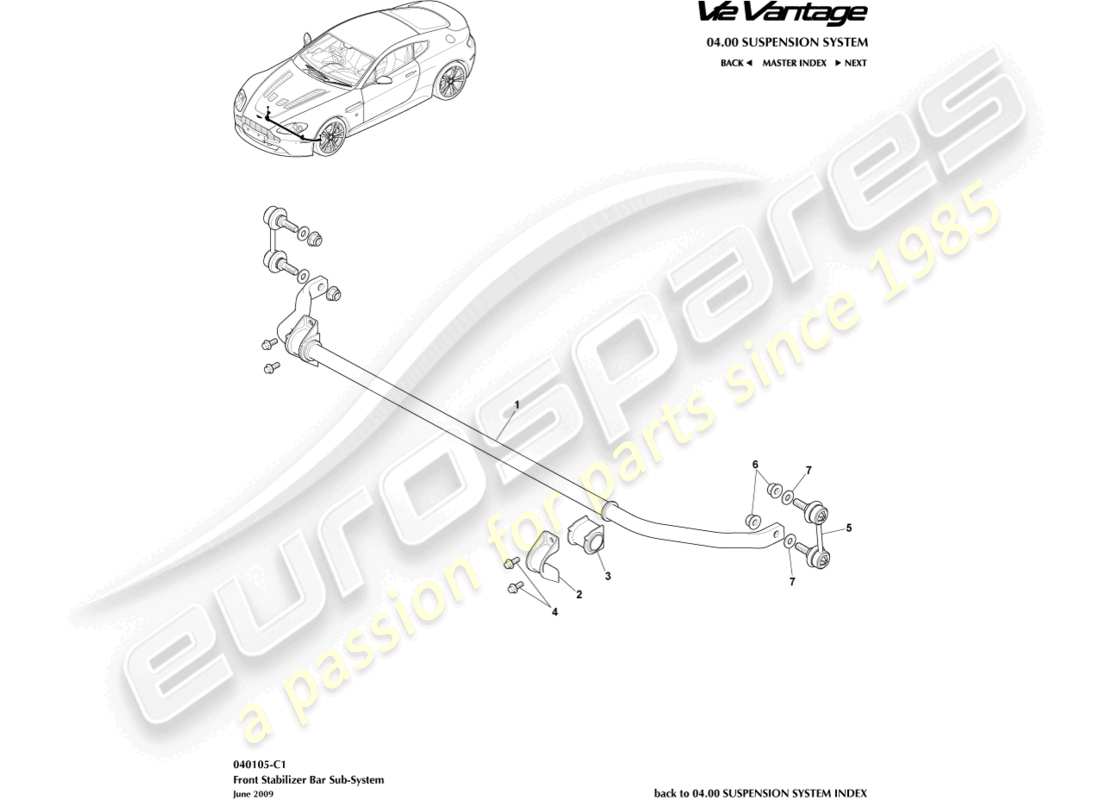 aston martin v12 vantage (2010) diagrama de piezas de la barra estabilizadora delantera