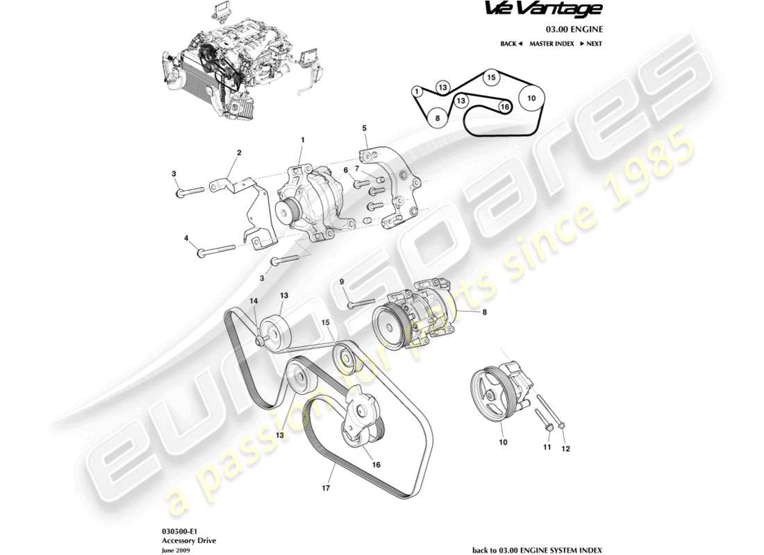 aston martin v12 vantage (2011) diagrama de piezas de transmisión de accesorios
