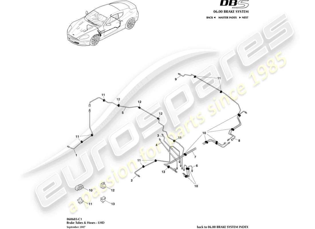 aston martin dbs (2011) líneas y mangueras de freno, lhd diagrama de piezas