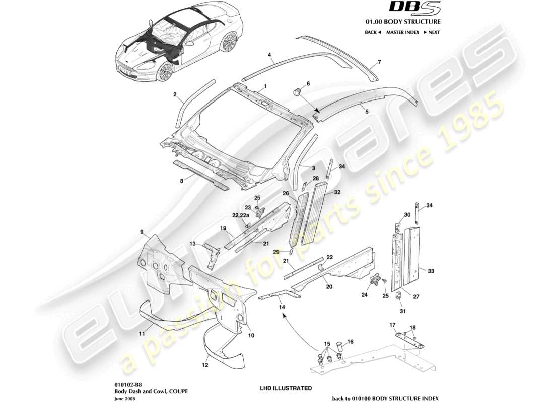aston martin dbs (2009) carrocería, tablero y capó, cupé diagrama de piezas