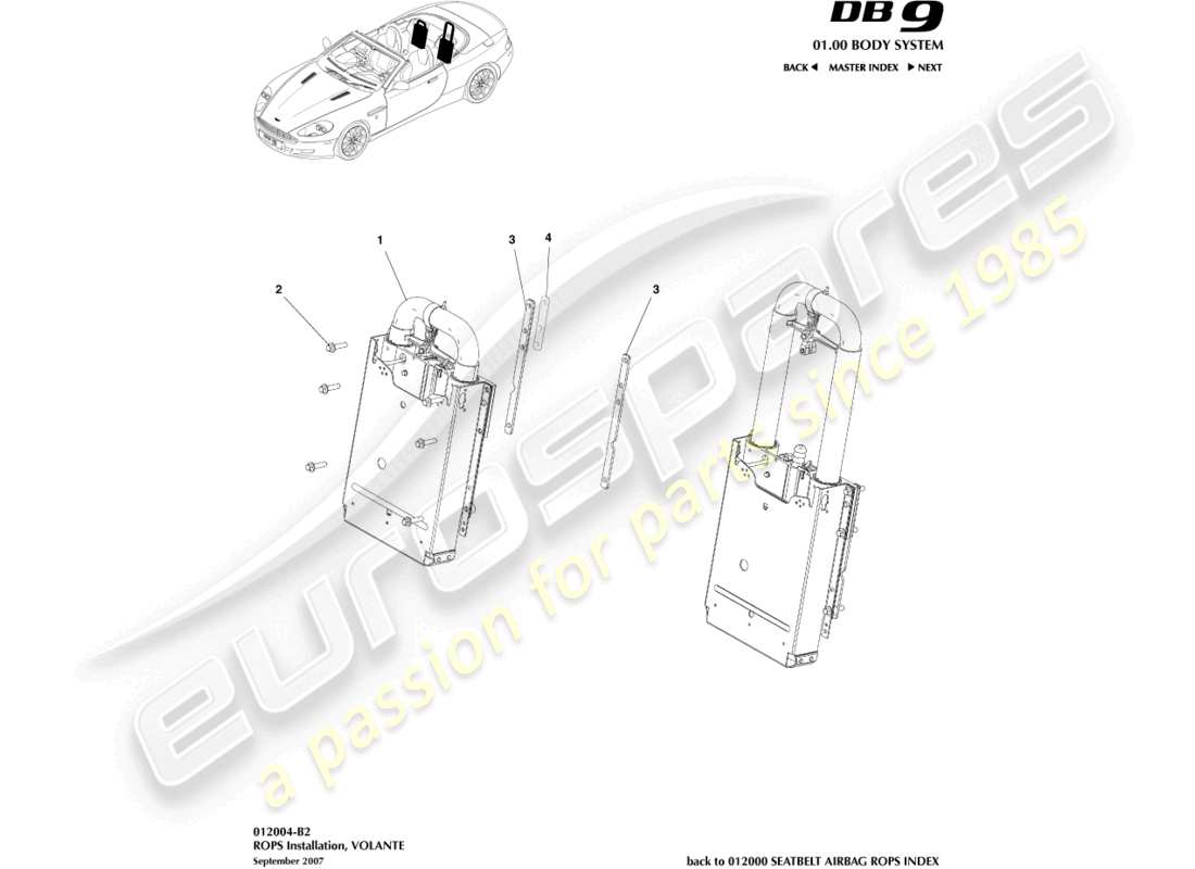 aston martin db9 (2005) instalación de rops, diagrama de piezas de volante