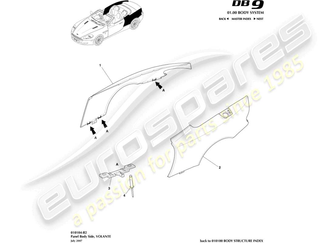 aston martin db9 (2005) lado del cuerpo del panel, diagrama de piezas de volante