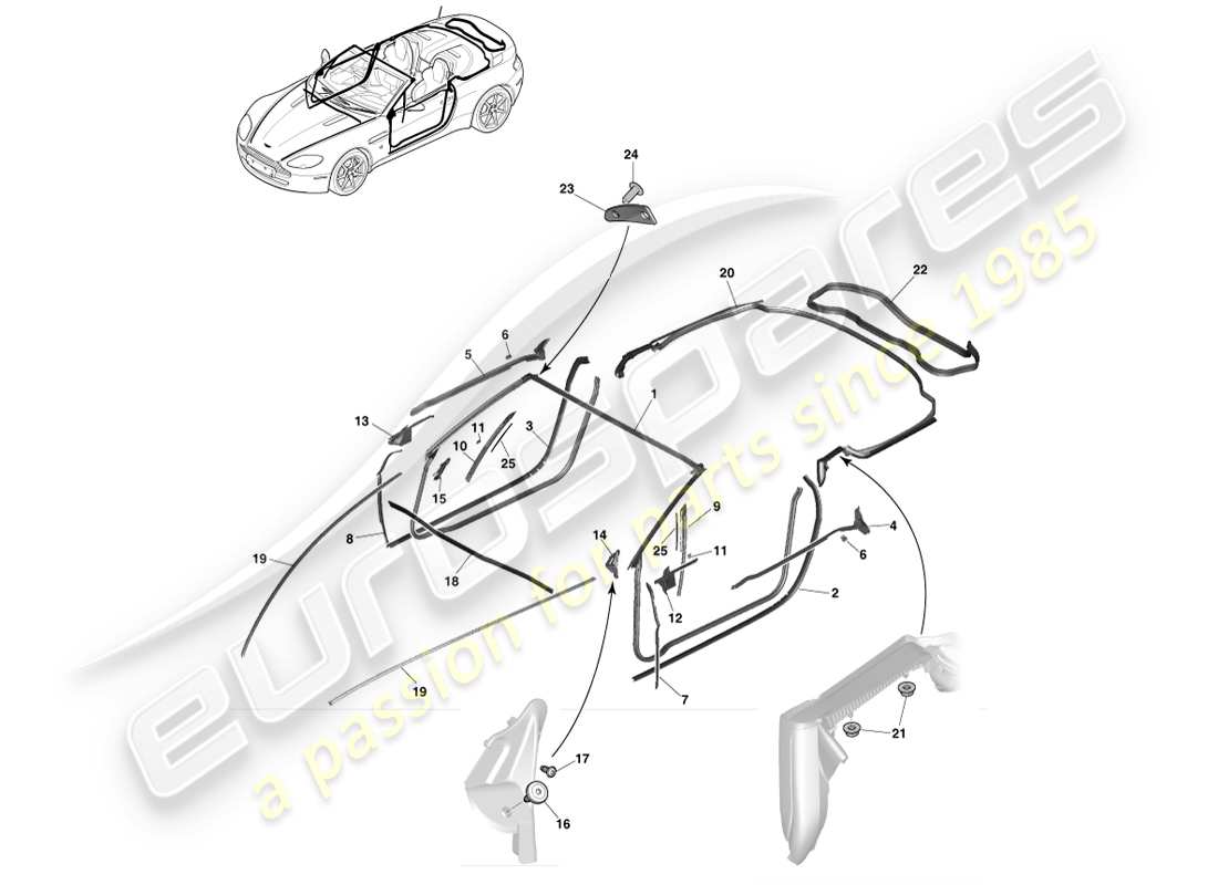 aston martin v8 vantage (2007) burletes dinámicos, diagrama de piezas del roadster