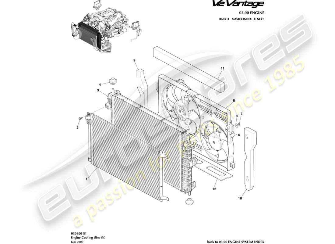 aston martin v12 vantage (2011) diagrama de piezas de ajuste de línea y refrigeración del motor