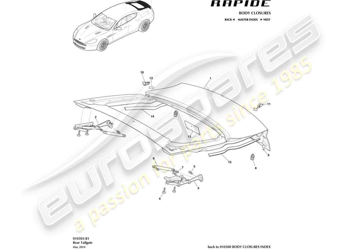aston martin rapide (2012) ensamblaje del porton trasero diagrama de piezas