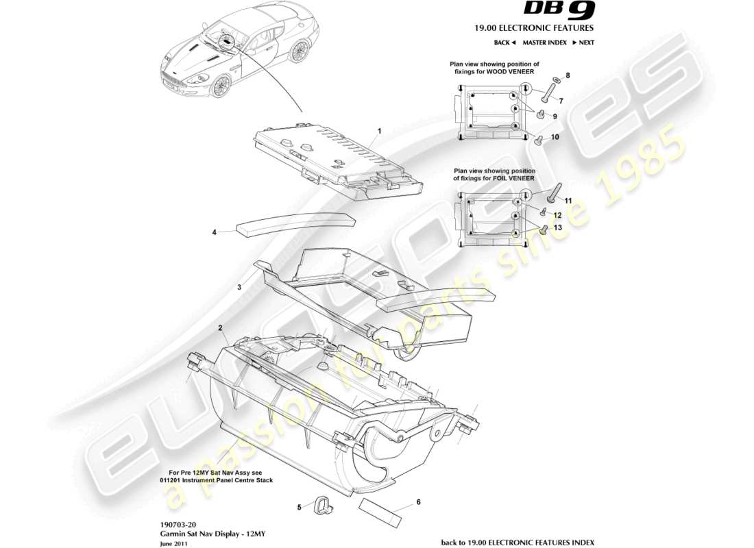 aston martin db9 (2012) pantalla de navegación por satélite, 12my encendido diagrama de piezas