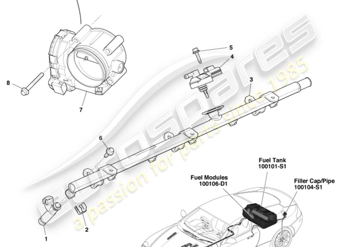 aston martin db9 (2005) diagrama de piezas de control de carga de combustible