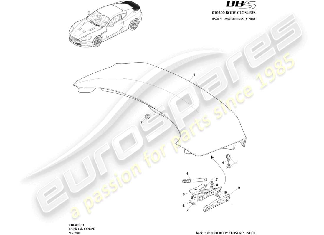 aston martin dbs (2013) tapa del maletero, cupé diagrama de piezas