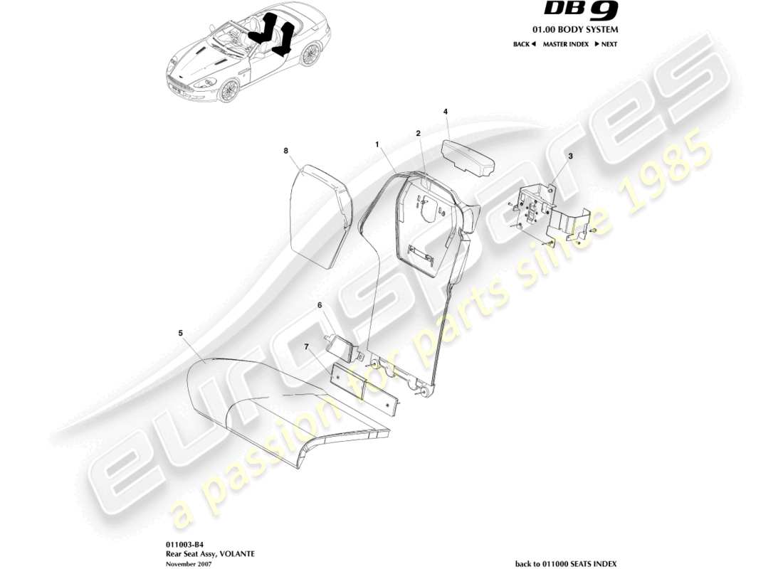 aston martin db9 (2005) asiento trasero, diagrama de piezas volante