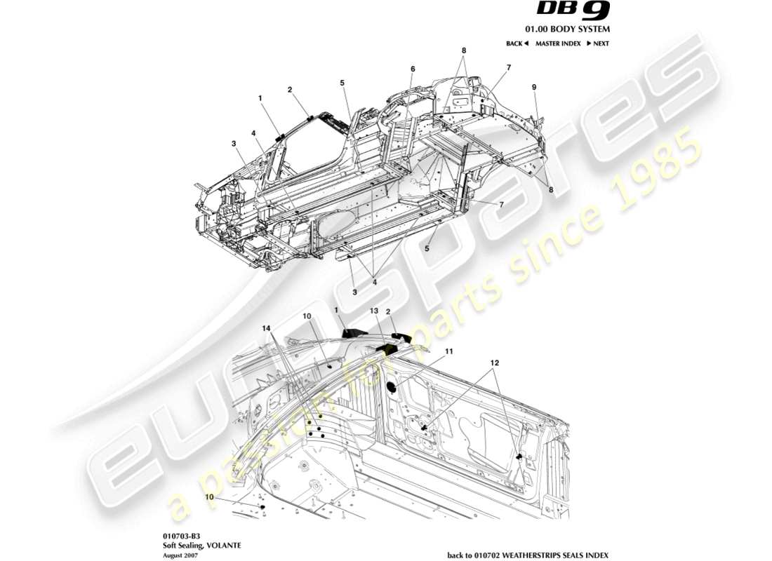 aston martin db9 (2005) sellado blando, diagrama de piezas de volante