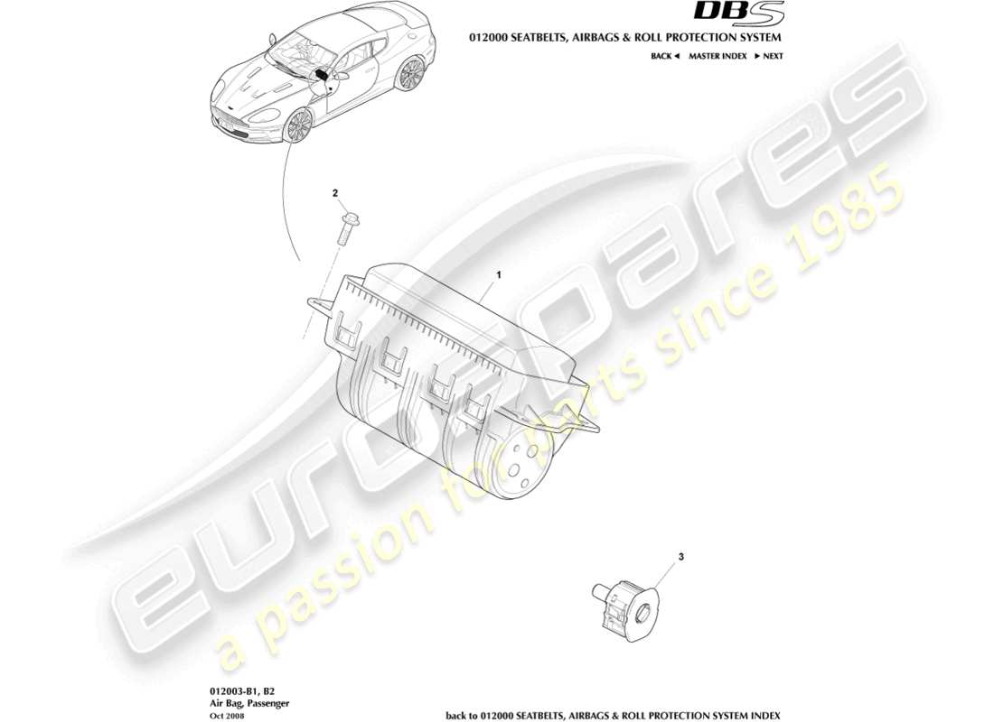 aston martin dbs (2008) bolsa de aire del pasajero diagrama de piezas