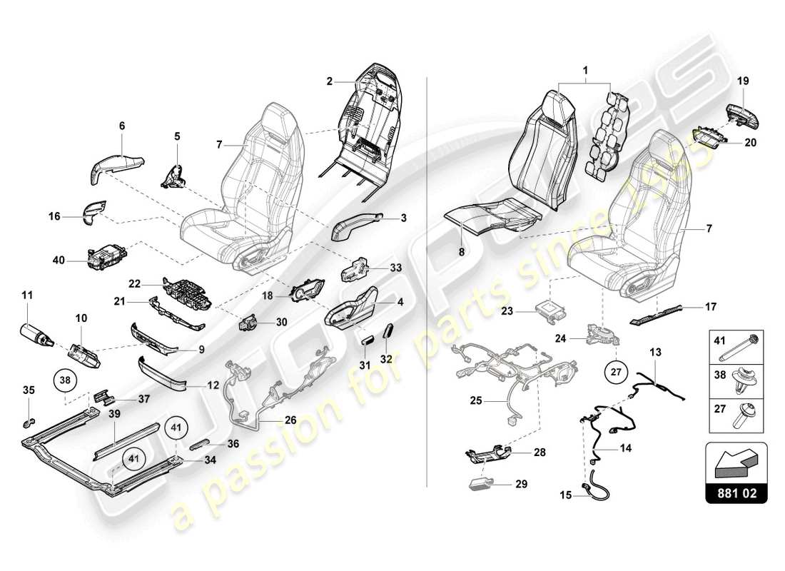 lamborghini urus (2020) asiento delantero dividido diagrama de piezas