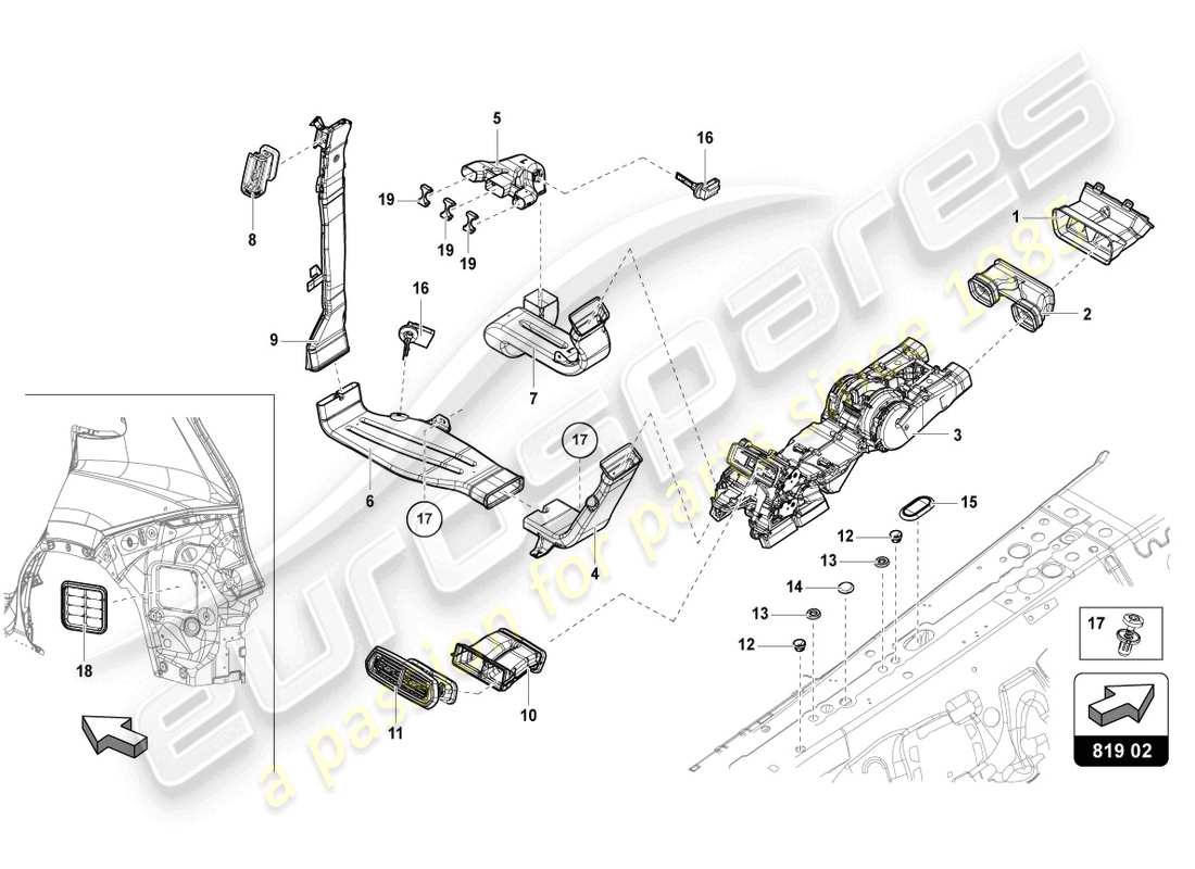 lamborghini urus (2020) ventilación trasera central diagrama de piezas