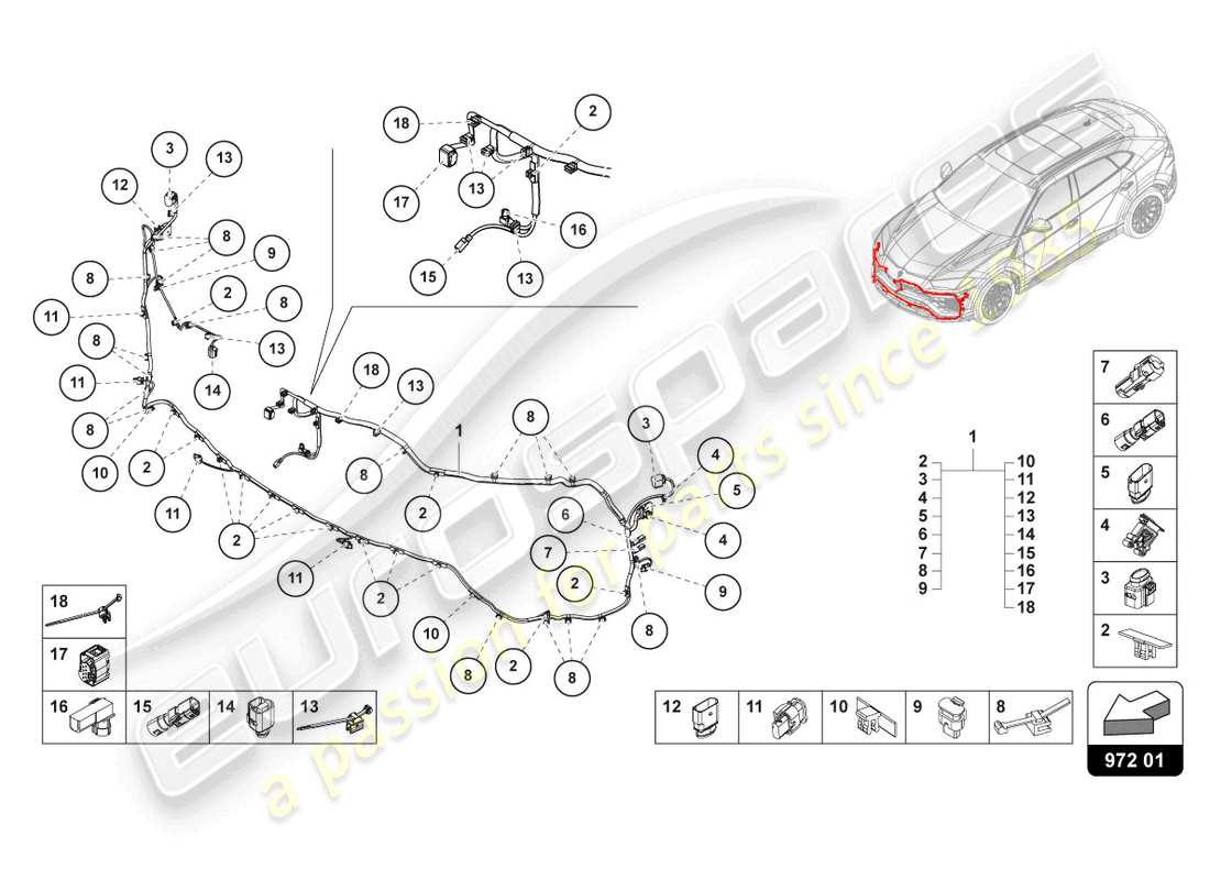 lamborghini urus (2020) juego de cableado para parachoques delantero esquema de piezas