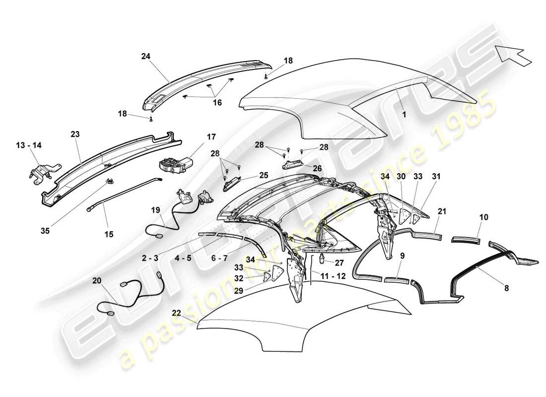 lamborghini gallardo spyder (2006) cubierta - diagrama de piezas superior