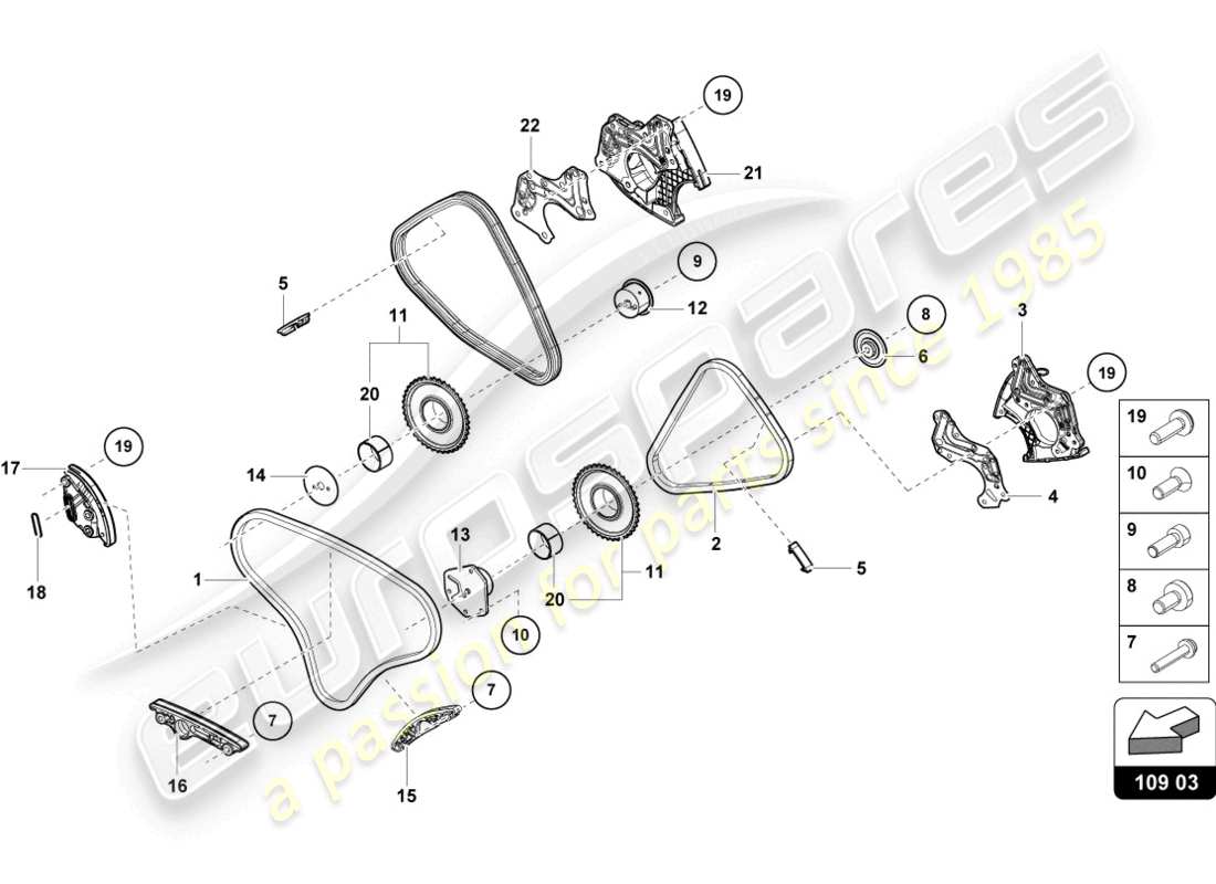 lamborghini evo coupe (2023) diagrama de piezas de la cadena de distribución