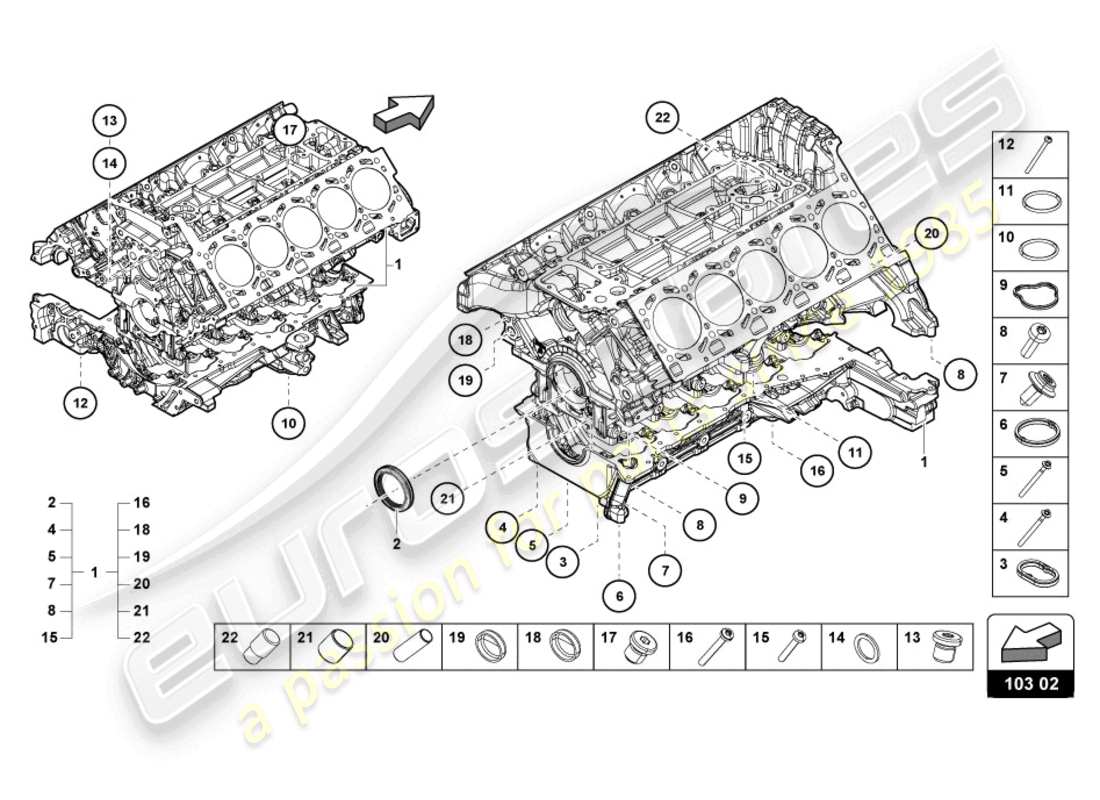 lamborghini evo spyder (2024) bloque de motor diagrama de piezas