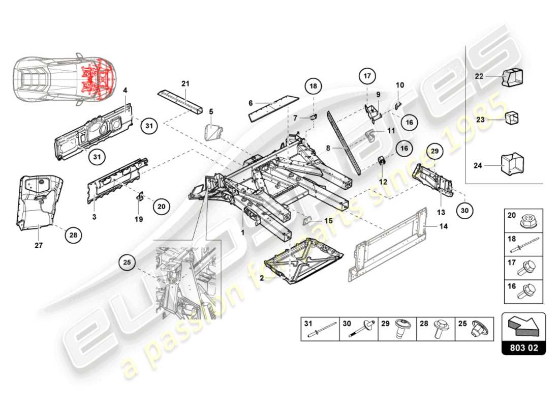 lamborghini 2022 (evo spyder 2wd) diagrama de piezas del marco frontal
