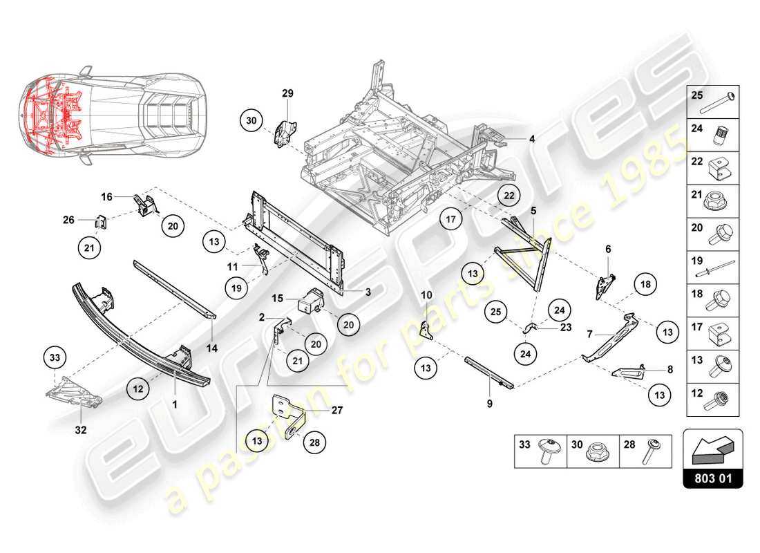 lamborghini evo coupe (2023) diagrama de piezas del marco frontal