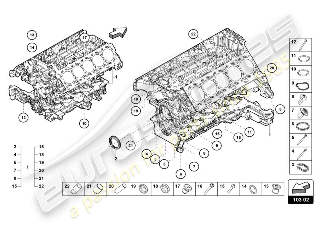 lamborghini tecnica (2023) diagrama de piezas del bloque de motor