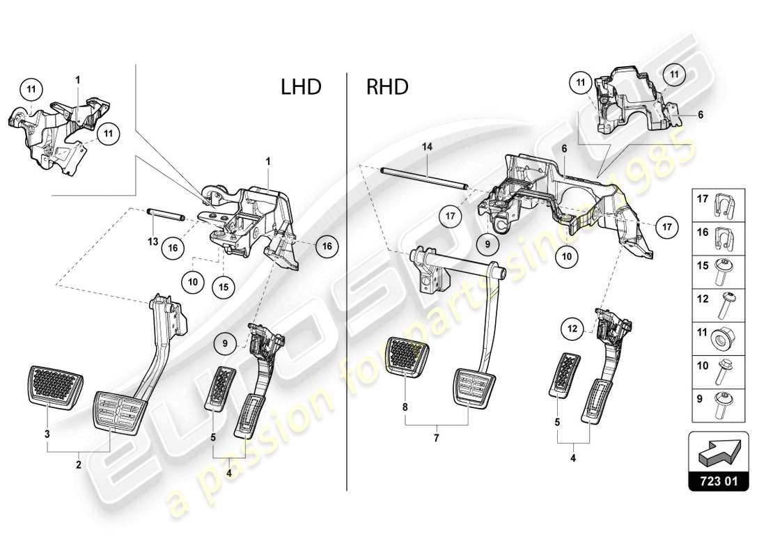 lamborghini urus (2020) freno y aceleración. palanca mecanica. diagrama de piezas