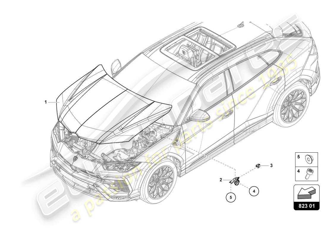 lamborghini urus (2020) diagrama de piezas del capó