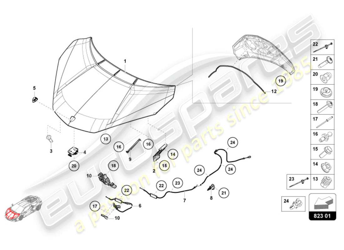 lamborghini revuelto coupe (2024) capó diagrama de piezas