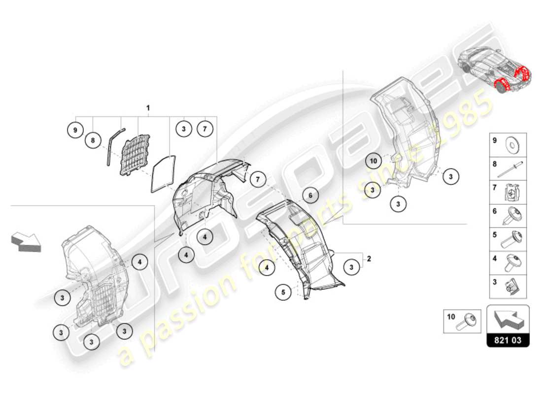 lamborghini revuelto coupe (2024) moldeado de la carcasa de la rueda trasero diagrama de piezas